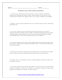 Mountain Lions Short Answer Worksheet