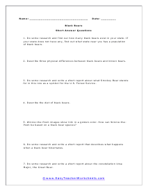 Black Bears Short Answer Worksheet