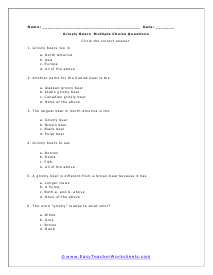 Grizzly Bears Multiple Choice Worksheet