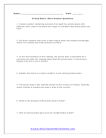 Grizzly Bears Short Answer Worksheet