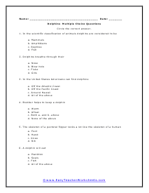 Dolphins Multiple Choice Worksheet