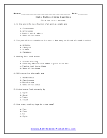 Crabs Multiple Choice Worksheet