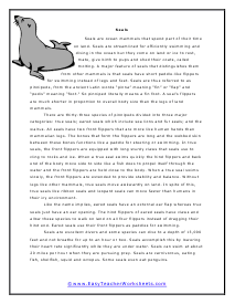 Seals Reading Worksheet