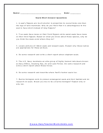 Seals Short Answer Worksheet