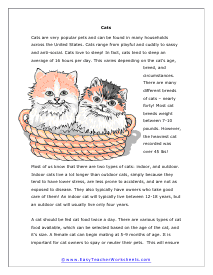 Cats Reading Passage Worksheet