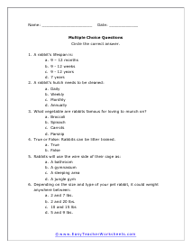 Rabbits Multiple Choice Worksheet