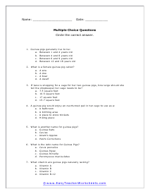 Guinea Pigs Multiple Choice Worksheet