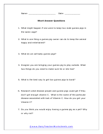 Guinea Pigs Short Answer Worksheet