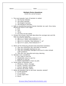 Hamsters Multiple Choice Worksheet