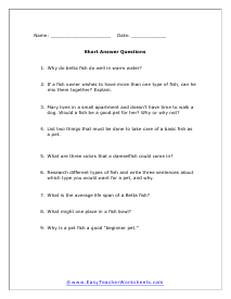 Fish Short Answer Worksheet