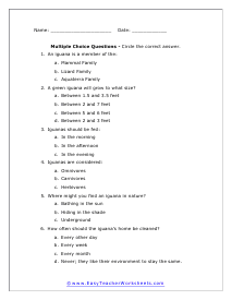 Iguana Multiple Choice Worksheet