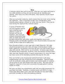 Mice Reading Worksheet