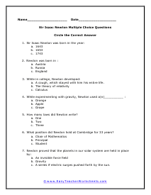 Newton Multiple Choice Worksheet