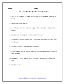 Newton Short Answer Worksheet