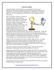 Johannes Kepler Reading Worksheet