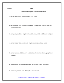 Kepler Short Answer Worksheet