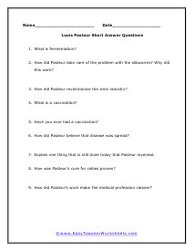 Pasteur Short Answer Worksheet