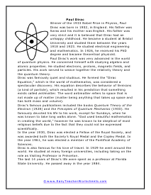 Paul Dirac Reading Worksheet