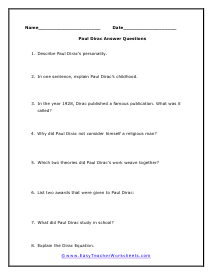 Dirac Short Answer Worksheet