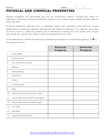 Chemical and Physical Properties Worksheet