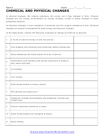 Chemical and Physical Change Worksheet