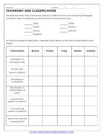 Taxonomy and Classification Worksheet