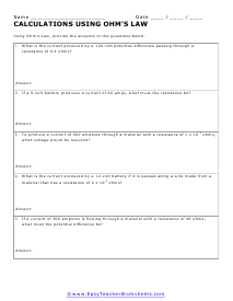 Ohm's Law Worksheet