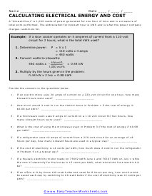 Calculating Energy Costs Worksheet