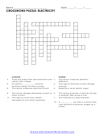 Electricity Crossword Worksheet