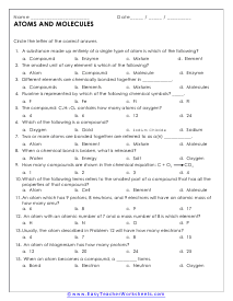 Atoms and Molecules Worksheet