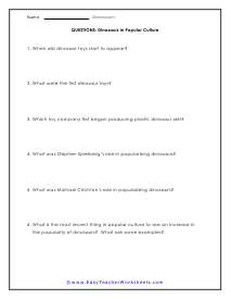 Pop Culture Questions Worksheet