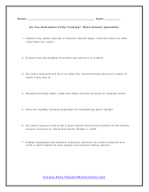 Excretory Short Answer Worksheet