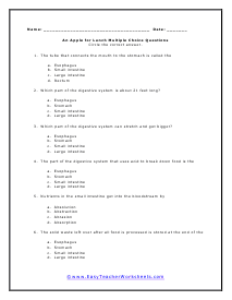 Digestive Multiple Choice Questions Worksheet
