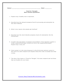 Food Short Answer Worksheet