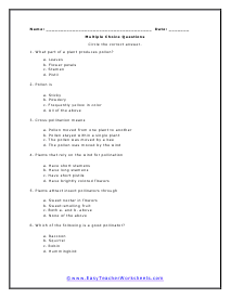 Pollinators Multiple Choice Worksheet