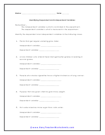 Identifying Variables Worksheet