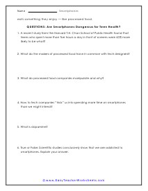 Dangerous for Teen Health Questions Worksheet