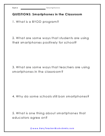 In the Classroom Questions Worksheet