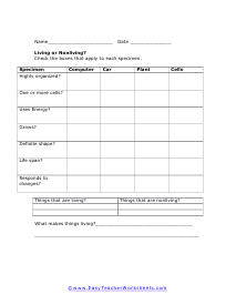 Living or Nonliving Worksheet