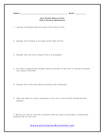 Ring of Fire Short Answer Worksheet