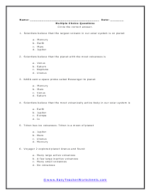 Other Planets Multiple Choice Worksheet