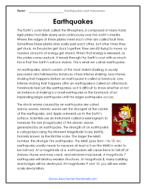 Earthquake Reading Worksheet