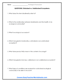 Disturbed vs. Undisturbed Questions Worksheet