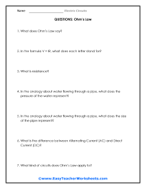 Ohm's Law Question Worksheet