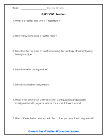 Resistors Question Worksheet