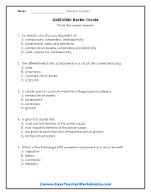 Electric Circuits Question Worksheet