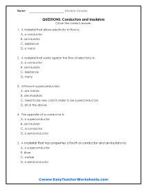 Conductors and Insulators Question Worksheet