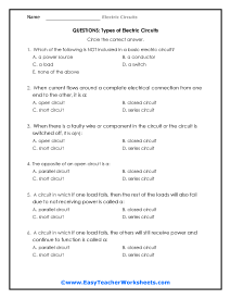 Types of Electric Circuits Question Worksheets