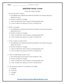 Electric Current Question Worksheets