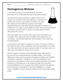 Homogenous Mixtures Worksheet